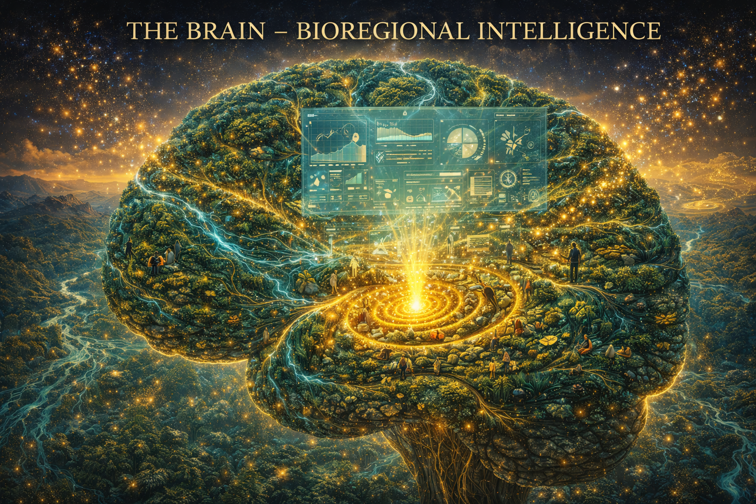 The Brain - Bioregional Intelligence: A luminous brain made of landscape features with data streams flowing like synapses