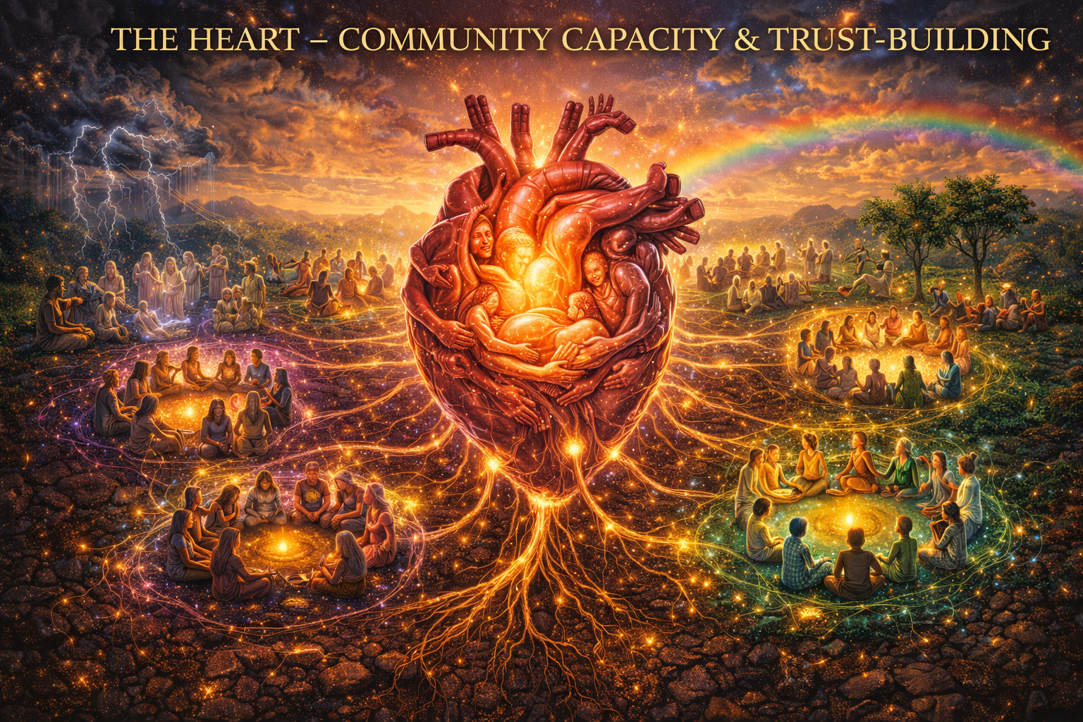 The Heart - Community Capacity & Trust-Building: Heart made of intertwined hands and embracing figures