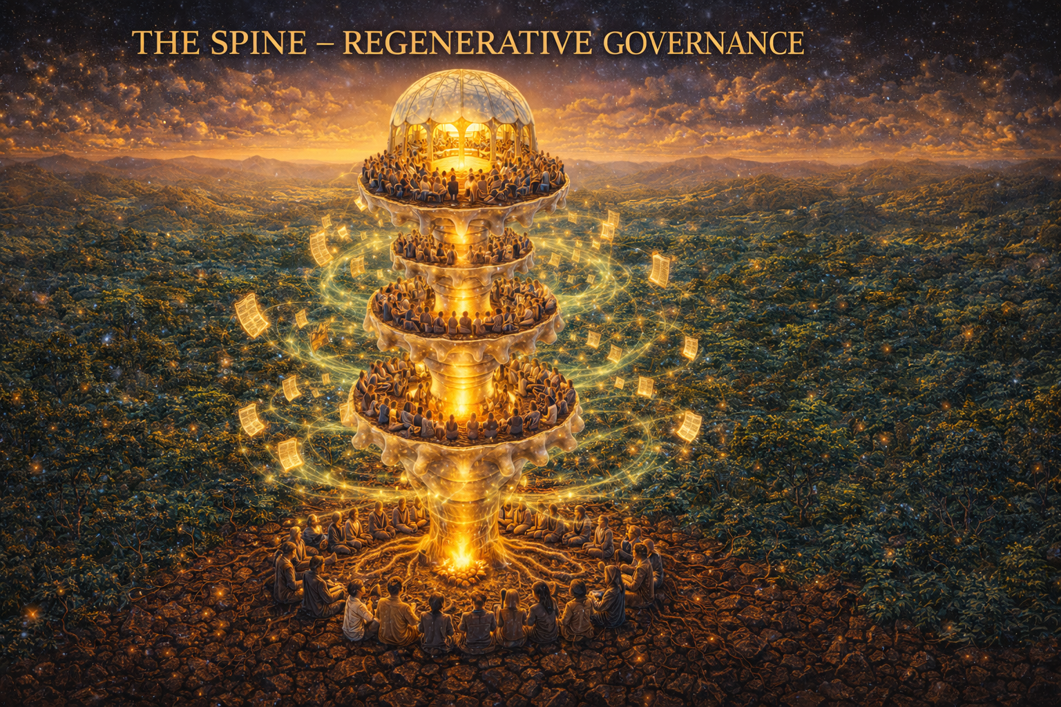 The Spine - Regenerative Governance: Council circles forming a living vertebral column with decisions flowing as light