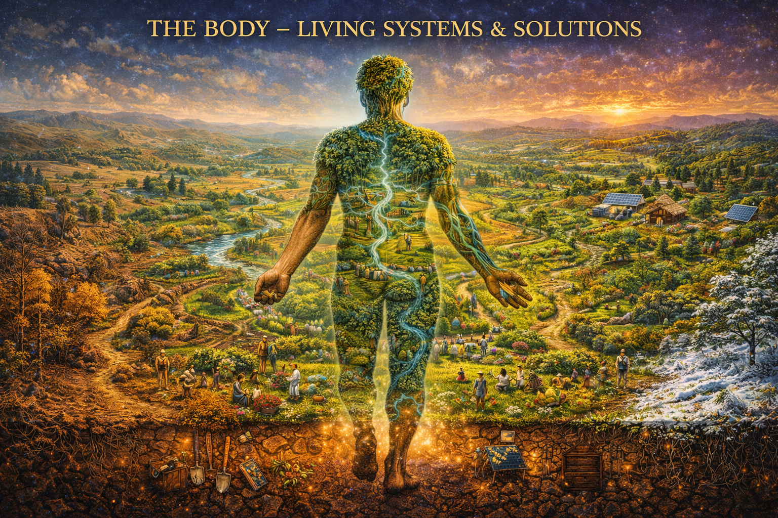 The Body - Living Systems & Solutions: Human silhouette filled with regenerative landscape where vision becomes food, water, and shelter