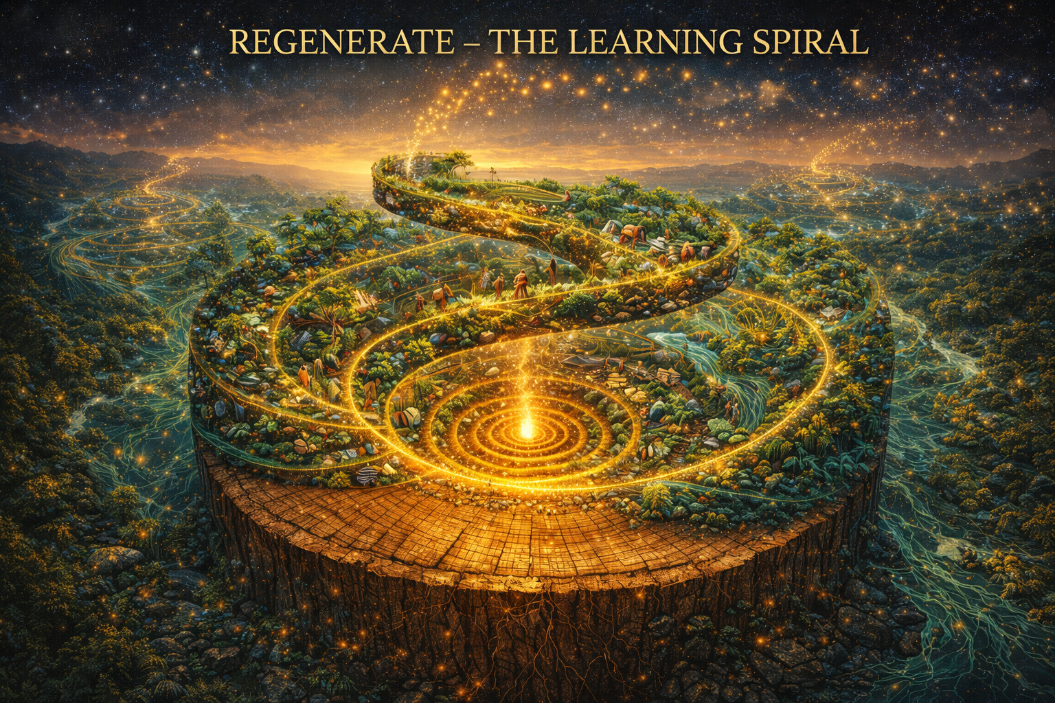 The Learning Spiral - Tree rings spiraling upward with progressive enrichment, seeds dispersing to start new growth cycles