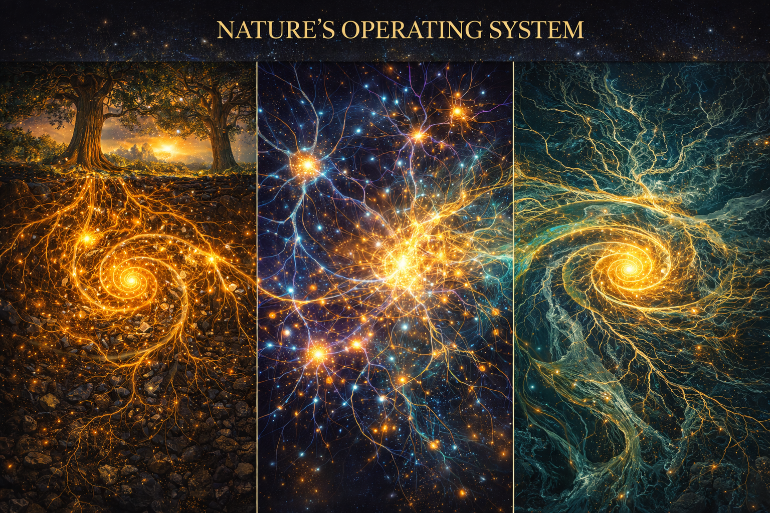 Nature's Operating System - Mycelial networks, neural pathways, and river systems revealing the universal pattern of interconnection