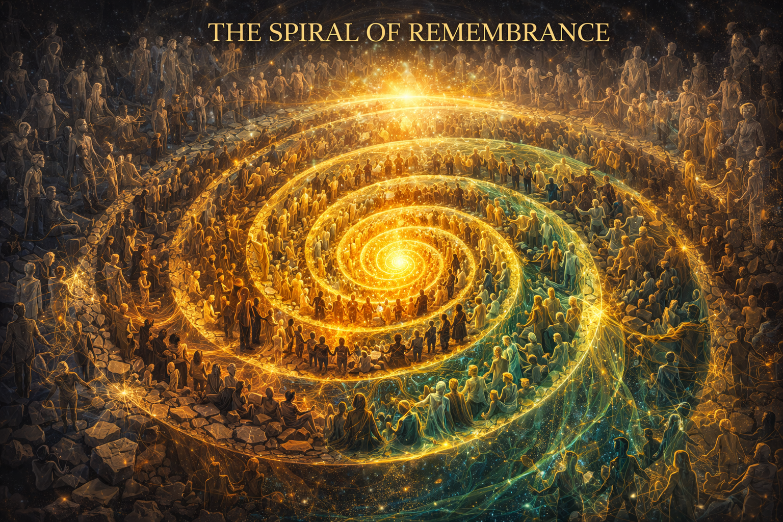 The Spiral of Remembrance - A transformative spiral journey from separation to unity with figures moving through healing and connection