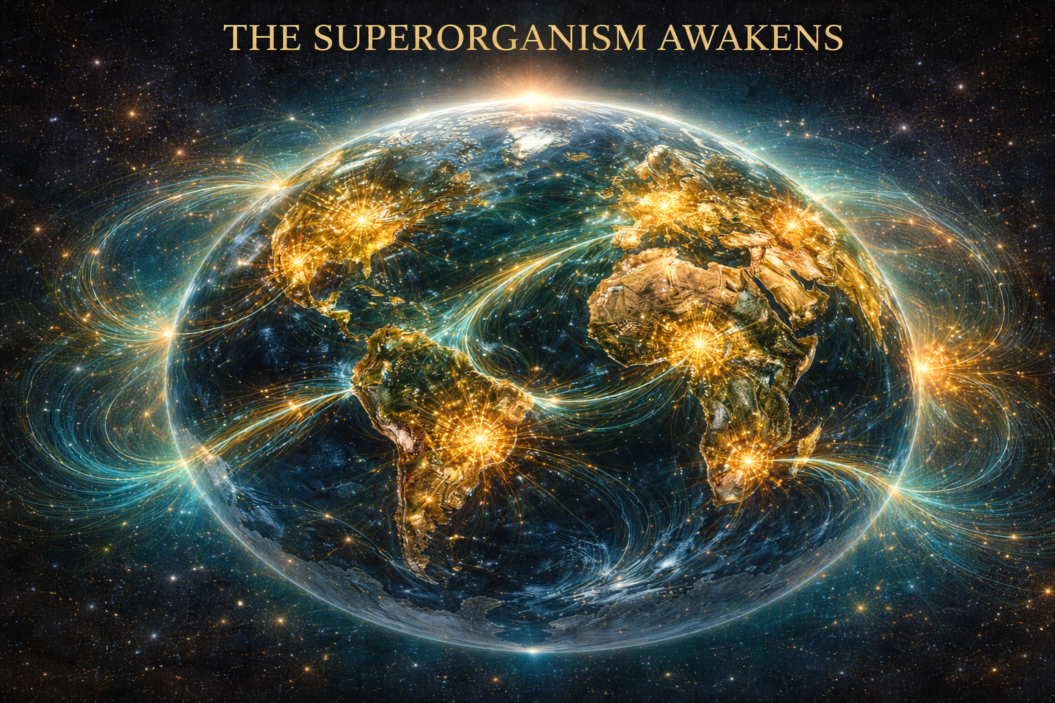 The Superorganism Awakens - Earth viewed from space with glowing bioregional nodes connected by golden mycelial threads